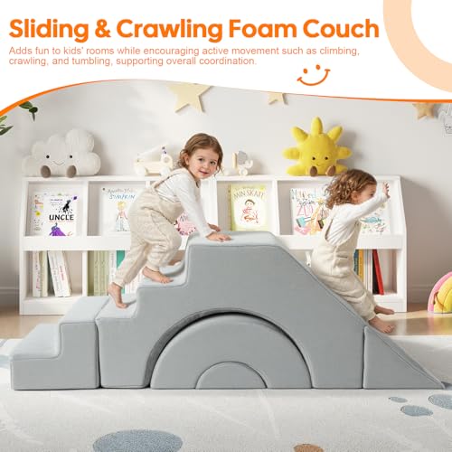 Modular Kids Foam Play Couch with Slide and Stairs - Grey Convertible Sofa