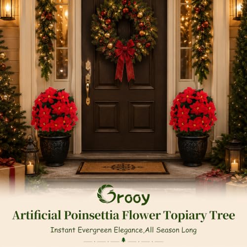 Grooy 2 Pack Christmas Artificial Topiary Balls with Poinsettia Flowers Outdoor