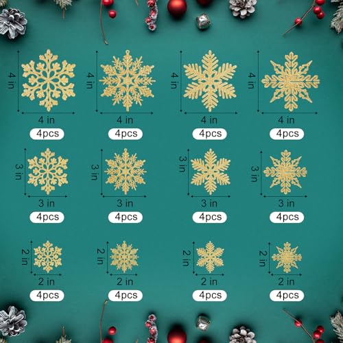 BOUBONI 48 Pcs Snowflake Christmas Ornaments – Gold, 4 Styles, 2/3/4in, Hanging Ribbon