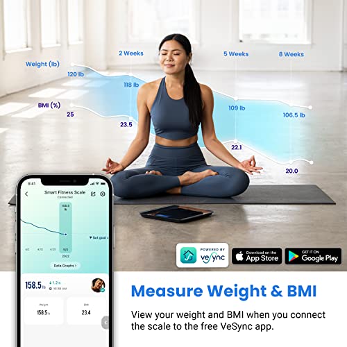 Etekcity Smart Scale for Body Weight and BMI, Bathroom Digital Electronic Weighing Scale for People, Bluetooth Free VeSync APP Connection, Rounded Corner, Accurate to 0.1lb/0.05kg, 400 lbs, Black