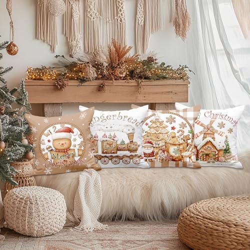 Lanpn Christmas Throw Pillow Covers 20x20 Set of 4, Gingerbread Man