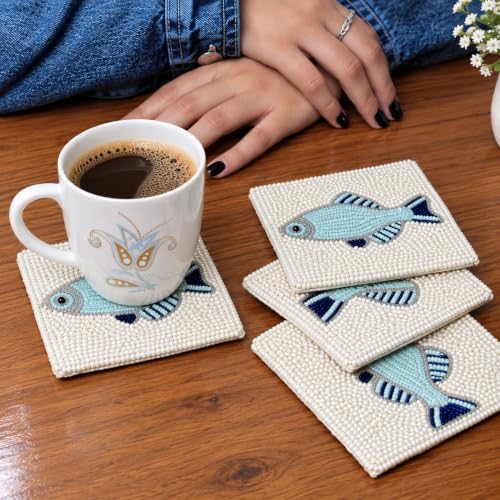 Handmade Beaded Coaster Set of 4 - Ivory Multi 4" Round Bar Drink Tabletop Protection
