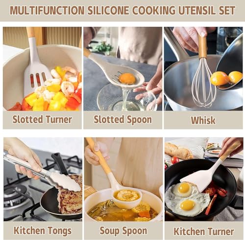 33-Piece Non-Stick Silicone Kitchen Utensils Set with Holder & Wooden Handles