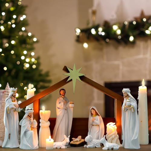 Wooden Nativity Manger Stable Creche with Roof Star, Fits 7-Inch Figures