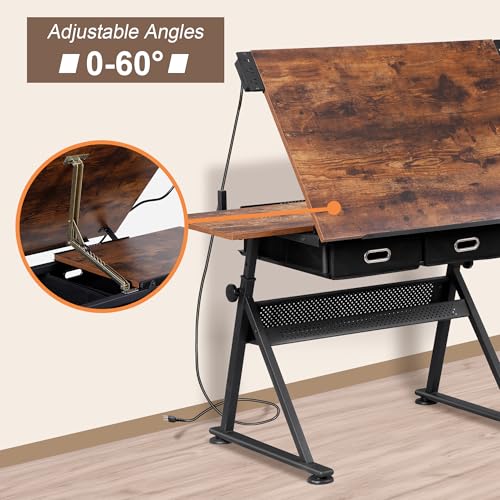 Adjustable Drafting Table with Stool, Tilting Art Desk with Storage Drawers