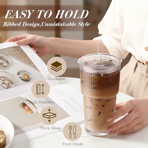 20 oz Ribbed Glass Iced Coffee Cups with Lids and Straws - Set of 4