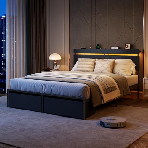 Queen Bed Frame with Storage Drawers, LED Lights & Charging Station