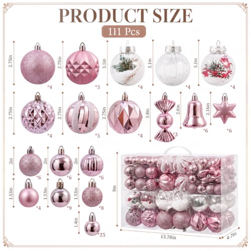 111 Pcs Pink & Clear Christmas Ornaments Set - Shatterproof Holiday Decor