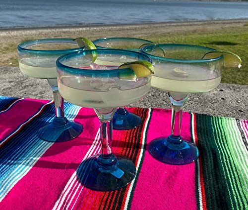 Set of 4 Mexican Hand Blown Margarita Glasses - 16 oz Aqua Blue Rims