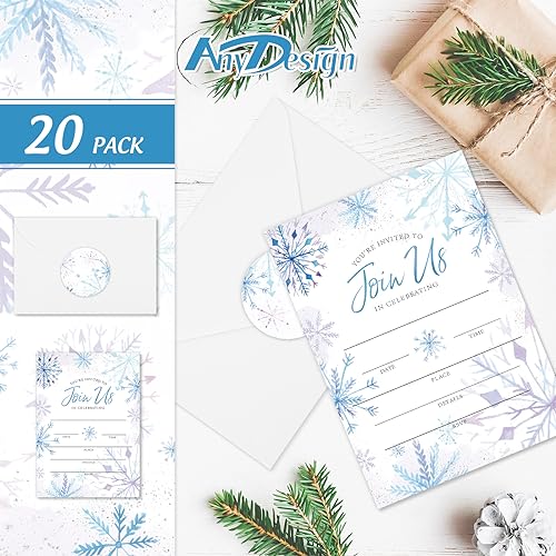 Winter Snowflake Invitation Cards Set with Envelopes & Stickers - 20 Pack, 5x7 Inch for Christmas Weddings & Parties