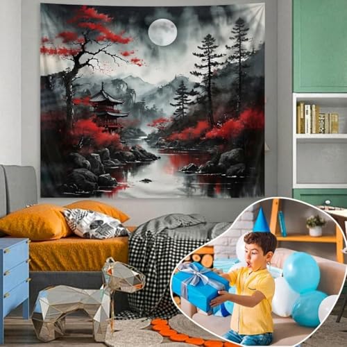 Japanese Anime Mountain Wall Tapestry - Black & Red Forest Hanging Decor