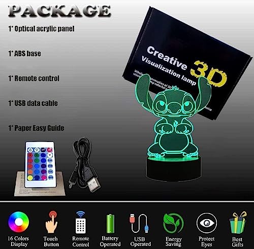 3D Illusion LED Night Light with Remote Control, 16-Color Kids Room Lamp