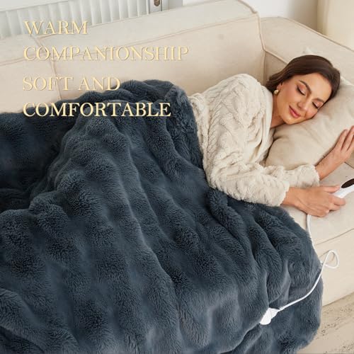 Washable Faux Rabbit Fur Heated Throw Blanket, 51"x63" with 10 Heat Settings