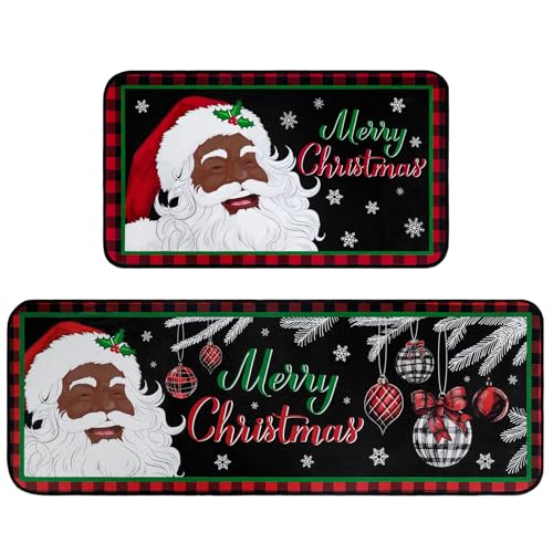 2-Piece Black Santa Christmas Kitchen Rug Set, Non-Slip Washable Mats