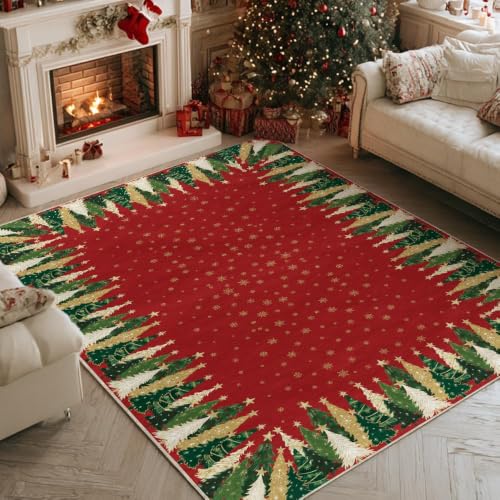 Artoid Mode 5' x 7' Red Xmas Tree Snowflake Area Rug – Non-Slip Washable Holiday Living Room Decor