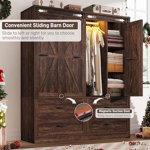 Farmhouse Sliding Barn Door Wardrobe with LED Motion Sensor Lights & Drawers