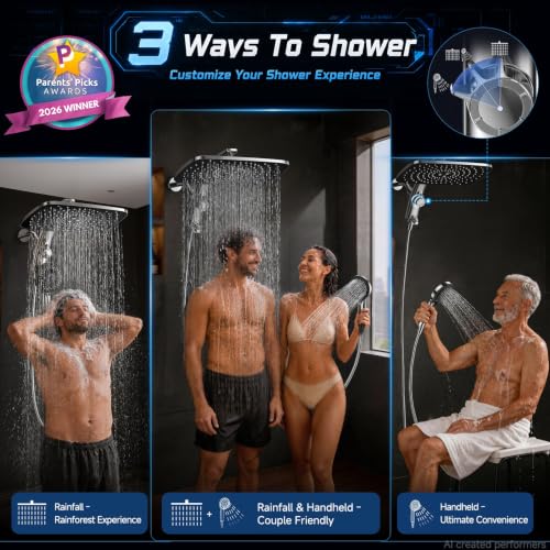 14-Inch Dual Rainfall Shower Head Combo with Magnetic Handheld Sprayer