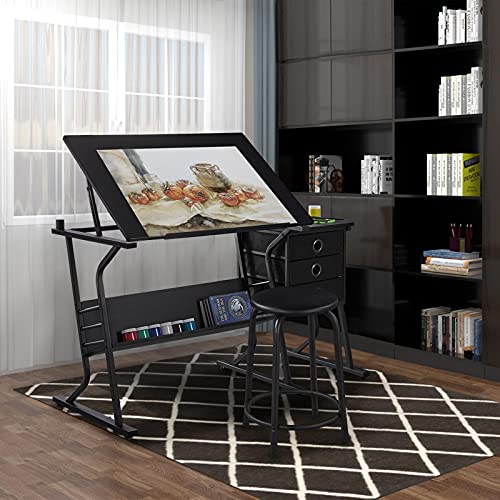 Adjustable Drafting Table with Stool, 3 Drawers and Storage Shelf, Black