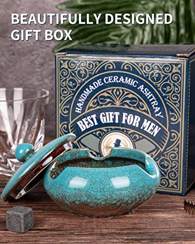 Ceramic Windproof Ashtray with Lid - Blue 4.5-inch Outdoor Cigar Ash Tray