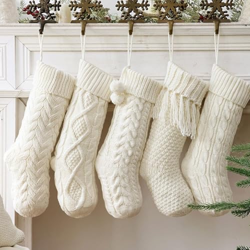5-Pack 18-Inch Cable Knit Christmas Stockings - Rustic Farmhouse Decor