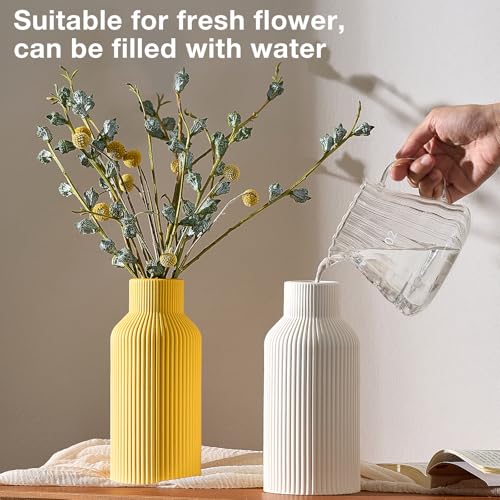 White Ceramic Flower Vase - 8 Inch Modern Minimalist Pampas Grass Vase