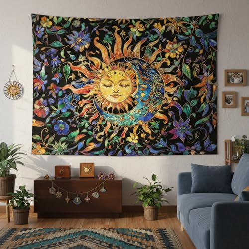 Sun and Moon Stained Glass Wall Tapestry - Boho Vintage Floral Wall Hanging