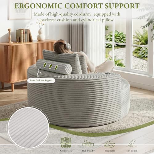 55-Inch Oversized Round Chaise Lounge Chair, Grey Corduroy Floor Sofa