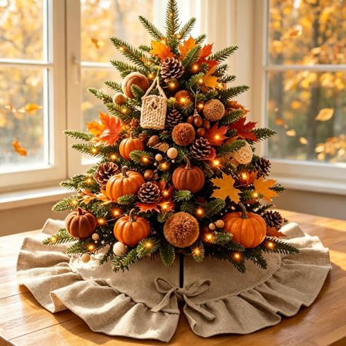 24-Inch Mini Burlap Christmas Tree Skirt with Ruffled Edge, Rustic Tabletop Decor
