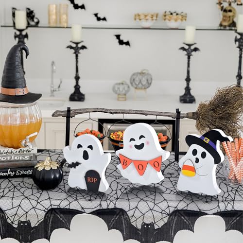 3-Piece Wooden Halloween Ghost Tiered Tray Decor Set for Table Display