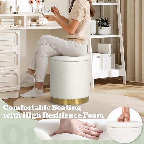 Round Boucle Storage Ottoman with Gold Base, Plush Vanity Foot Stool
