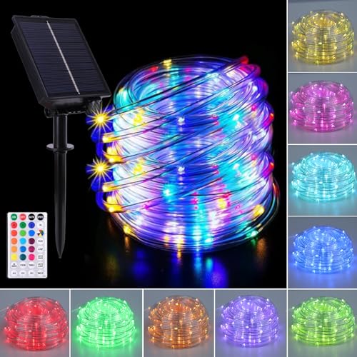 Outdoor Solar Rope Light with 200 LEDs, Waterproof, Multi-Color, Remote & Timer