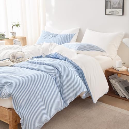 Blue and White Striped Comforter Set Full Size - 3 Piece Farmhouse Bedding