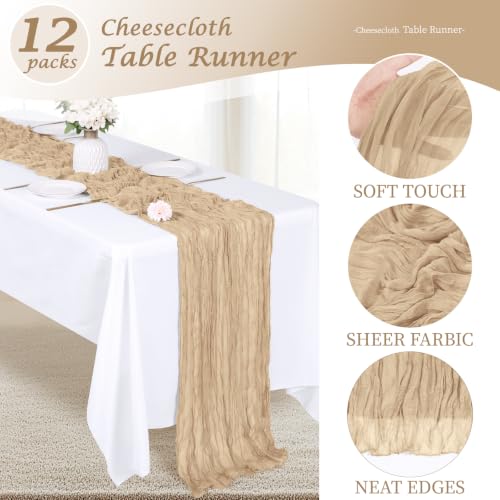 QMDBUI 12 Pack Beige Cheesecloth Table Runners 17 x 108 Inch for Wedding & Party