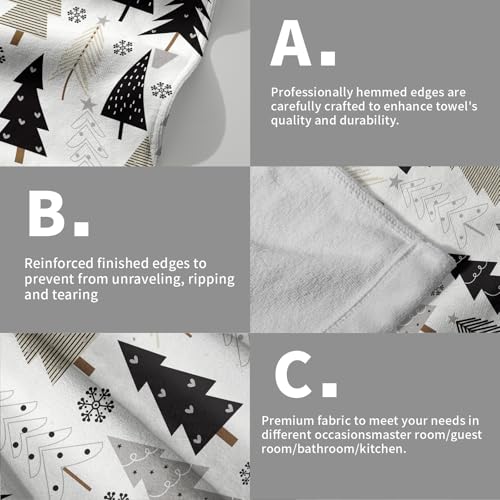 Aytipun Christmas Hand Towels Set of 2 Black Grey Xmas Tree Snowflake Print Winter Holiday Bathroom Decor