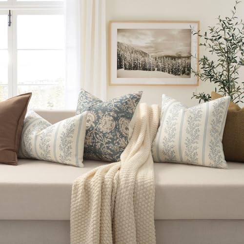 Vintage Floral Throw Pillow Covers 18x18 Set of 2 - Light Blue Cushion Covers