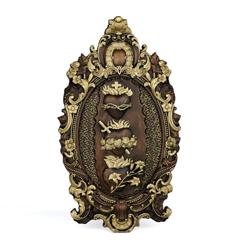 Wooden Three Sacred Hearts Wall Decor — Holy Family Wall Art, 10 Inch, Gold