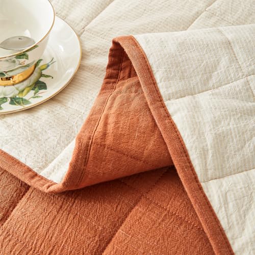 Burnt Orange Queen Quilt Set - 3-Piece Bedding with Cream Stripe