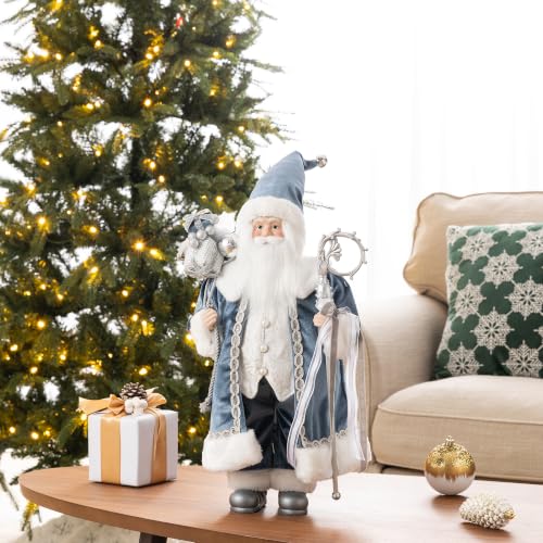 Glitzhome 18-inch Blue Santa Claus Figurine with Porcelain Face & Velvet Robe – Deluxe Faux Fur Holiday Decor