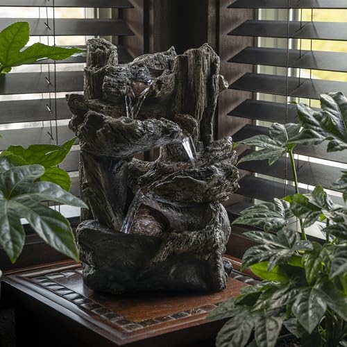14-Inch Tiered Log Tabletop Water Fountain with LED Lights for Home & Office