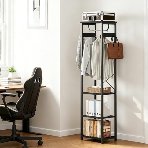 Industrial Freestanding Coat Rack with Hanging Rod and 3 Wooden Shelves