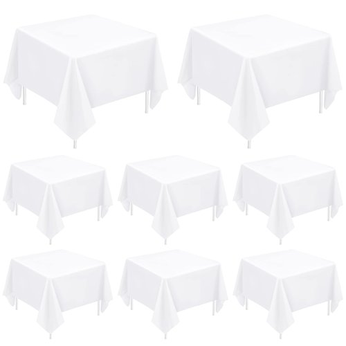 FXKS 8 Pack Square Tablecloth 85 x 85 Inch White Polyester Table Cloth for Square or Round Tables, Washable Stain and Wrinkle Resistant Table Cover Table Clothes for Wedding Banquet Graduation Decor