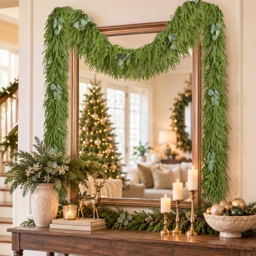 Waipfaru 9ft 2pcs Christmas Norfolk Pine Garland with Lights - Realistic Artificial Faux Cedar