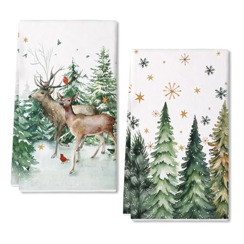 Arkeny Christmas Kitchen Towels Set of 2 - Green Tree Reindeer, Green & Gold