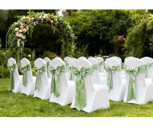 Sage Green Satin Chair Sashes - 50 Pack Ribbon Ties for Wedding & Events