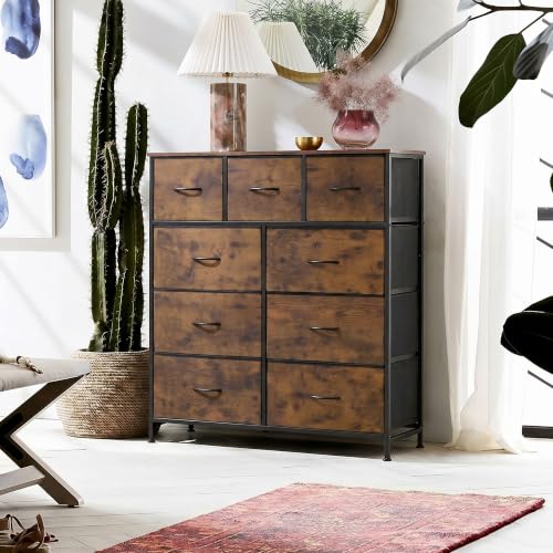 Tall Dresser with 9 Fabric Drawers and Wood Top