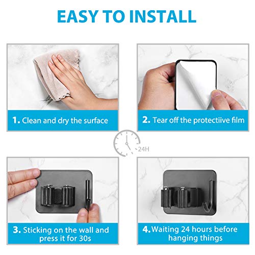 Self Adhesive Broom Holder Wall Mount Stainless Steel Mop Hanger with Hooks