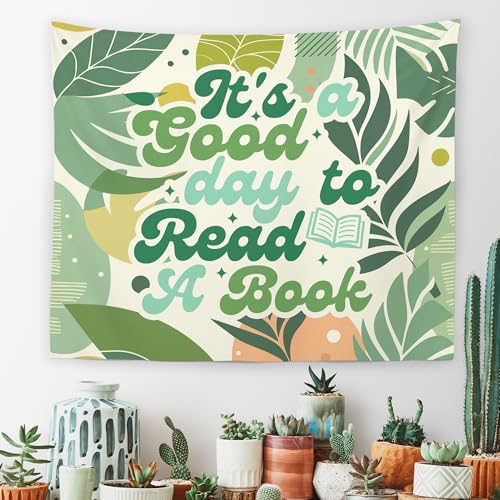 "It's A Good Day to Read A Book" Wall Tapestry - Boho Leaf Decor (50x60 In)