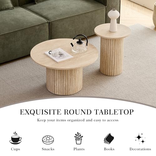 Round Nesting Coffee Table Set of 2, Modern Wood Accent Tables for Living Room