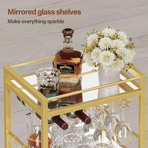 3-Tier Gold Bar Cart with Mirrored Shelves, Wine Rack, and Glass Holder