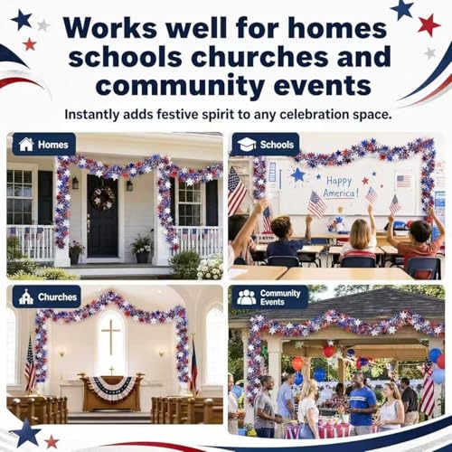 50ft Patriotic Red White Blue Metallic Tinsel Star Garland for 4th of July